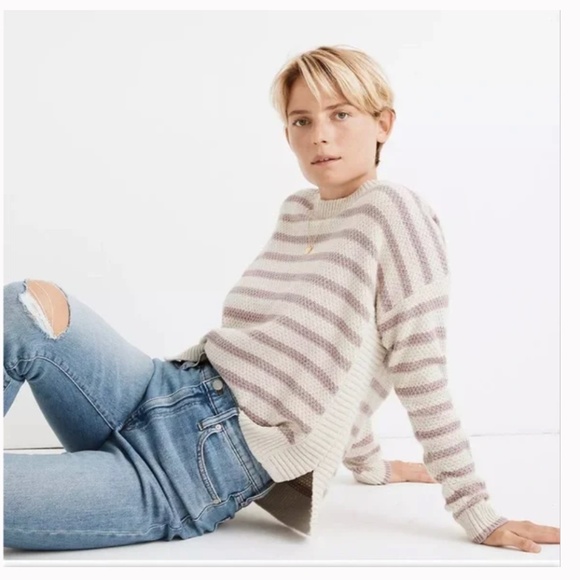 Madewell Striped Pickford Pullover Sweater Pink & Cream Knit Size Large - Picture 2 of 9
